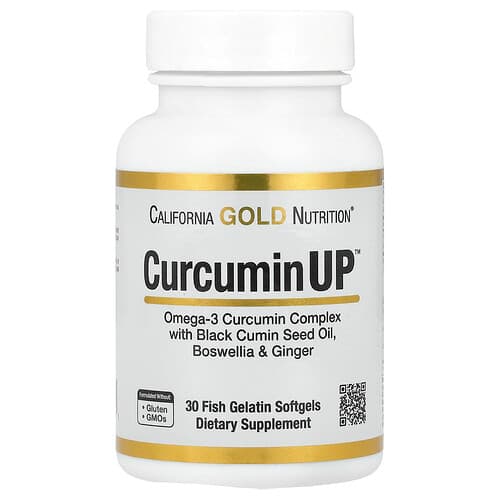 California Gold California Gold Nutrition CurcuminUP™ オメガ3クルクミンコンプレックス ブラッククミンシードオイル ボスウェリア ジンジャー フィッシュゼラチンソフトジェル30粒 パッケージ画像