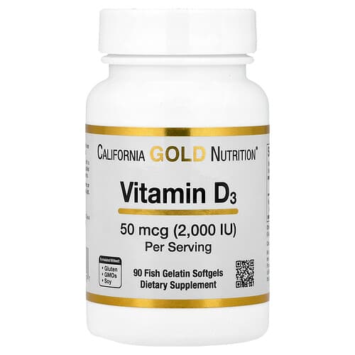 California Gold California Gold Nutrition ビタミンD3 50mcg（2,000 IU） フィッシュゼラチンソフトジェル90粒 パッケージ画像