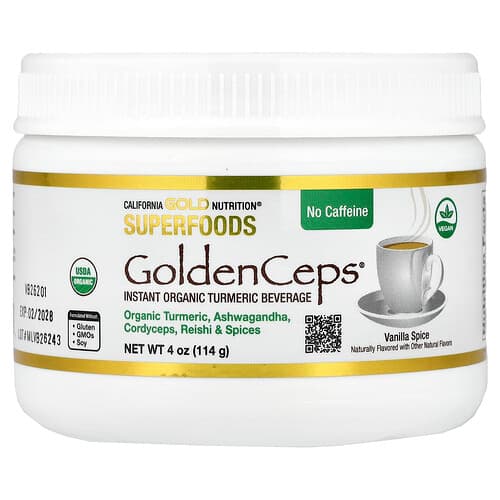 California Gold California Gold Nutrition スーパーフーズ GoldenCeps® オーガニック ターメリック ウィズ アシュワガンダ、コルディセプス、レイシ 4 oz (114 g) パッケージ画像