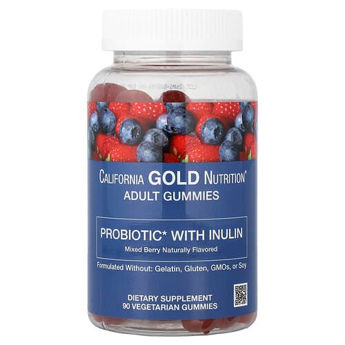 California Gold California Gold Nutrition プロバイオティクス イヌリン グミ ビタミンC、葉酸配合 ベリーエキスブレンド オーガニックイヌリン ナチュラルミックスベリー味 ベジタリアングミ90粒 パッケージ画像