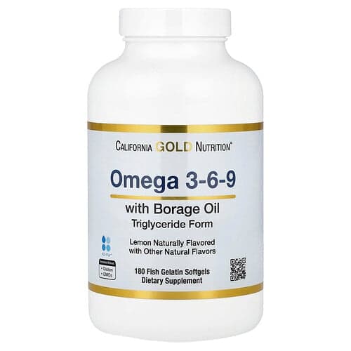 California Gold California Gold Nutrition オメガ 3-6-9s フィッシュオイル&ボラージシードオイル EPA DHA GLA リノール酸配合 ナチュラルレモン味 フィッシュゼラチンソフトジェル180粒 パッケージ画像