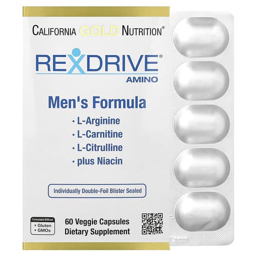 California Gold California Gold Nutrition, Rexdrive® アミノ(L-アルギニンHCl、L-シトルリン、アセチルL-カルニチン アルギニン酸ジヒドロクロリド、グリシンプロピオニルL-カルニチンHCl配合)、男性向けフォーミュラ、ベジカプセル60粒 パッケージ画像