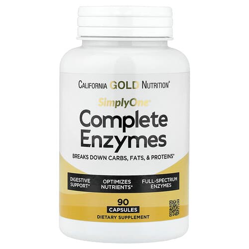 California Gold California Gold Nutrition SimplyOne® コンプリートエンザイムス ベタインHCl、オックスバイルエキス、フルスペクトラムエンザイムス、ブロメライン配合 90カプセル パッケージ画像