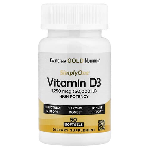 California Gold California Gold Nutrition SimplyOne® ビタミンD3 1,250mcg(50,000IU) ソフトジェル50粒 パッケージ画像