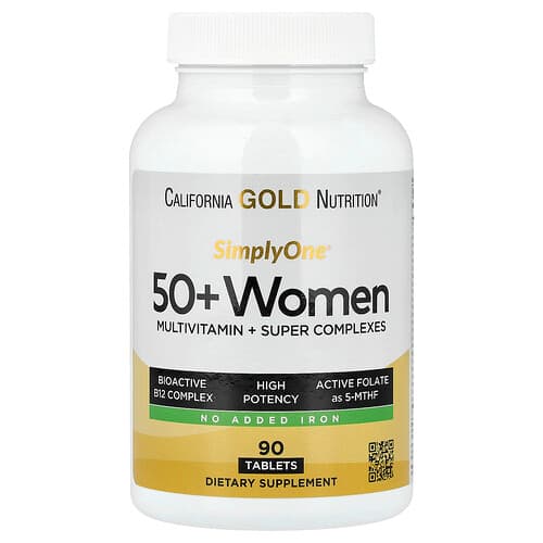 California Gold California Gold Nutrition SimplyOne® 50代以上の女性向けマルチビタミン + スーパーコンプレックス ビタミンA、ビタミンC、ミネラル、ボタニカル配合 アイロンフリー タブレット90粒 パッケージ画像